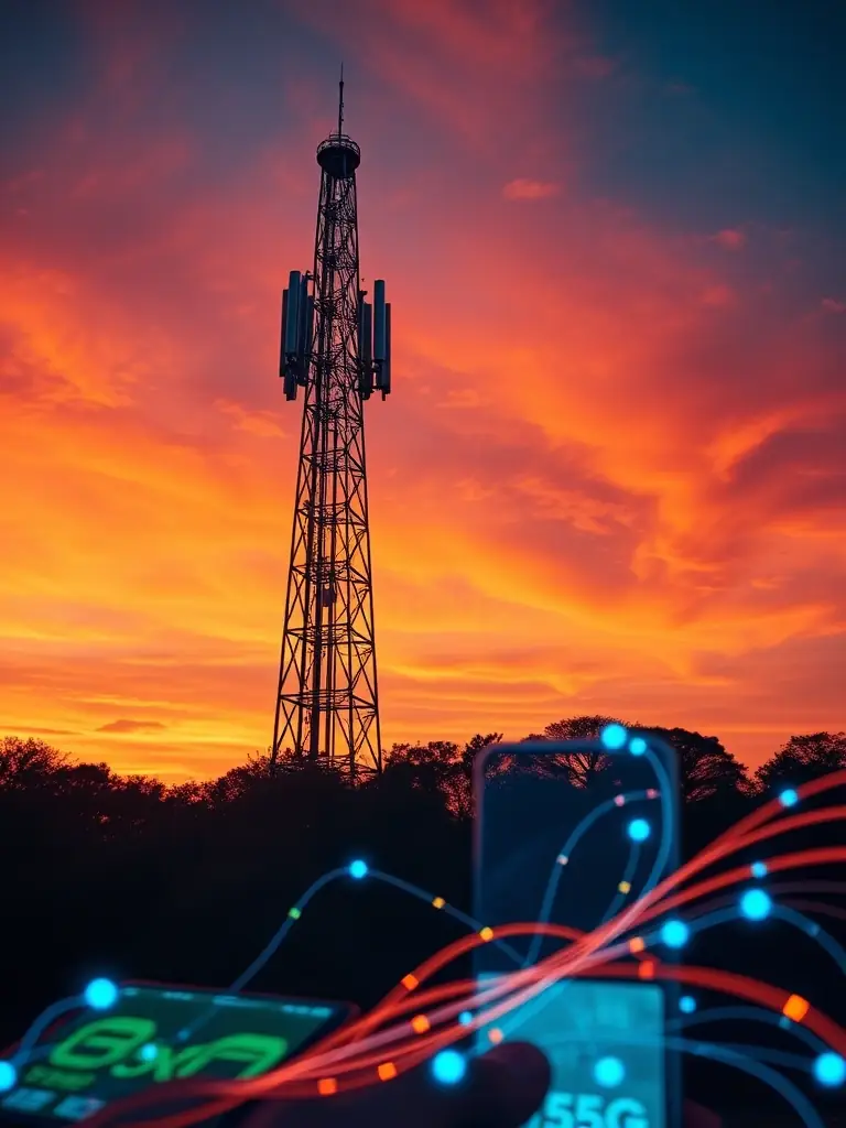 A visually compelling image of a 5G cell tower with smartphones connecting, illustrating the high-speed connectivity and low latency benefits that TCP M-AT brings to 5G networks.