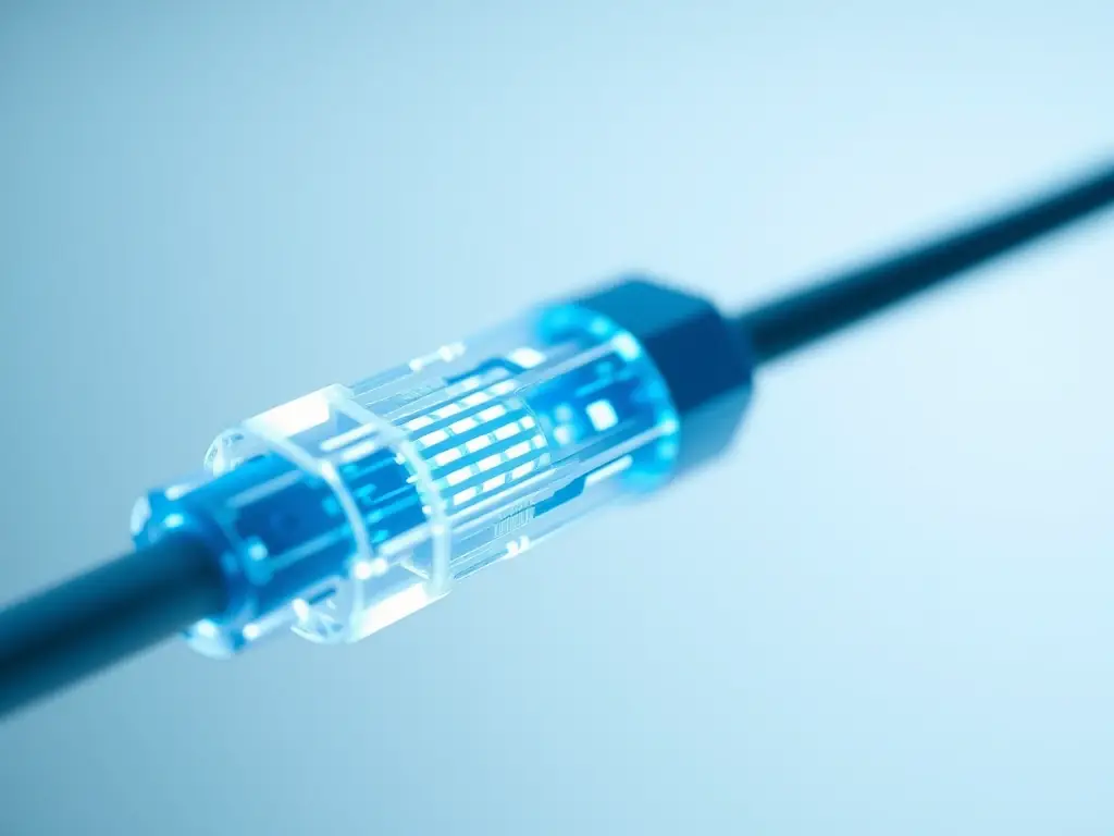 A close-up shot of a network cable glowing with data streams, symbolizing the efficient data transmission of TCP M-Adaptive.