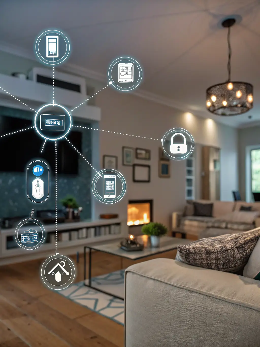 An artistic rendering of various IoT devices (sensors, smart home appliances, industrial equipment) communicating wirelessly, highlighting the role of TCP M-AT in enabling efficient IoT data transmission.