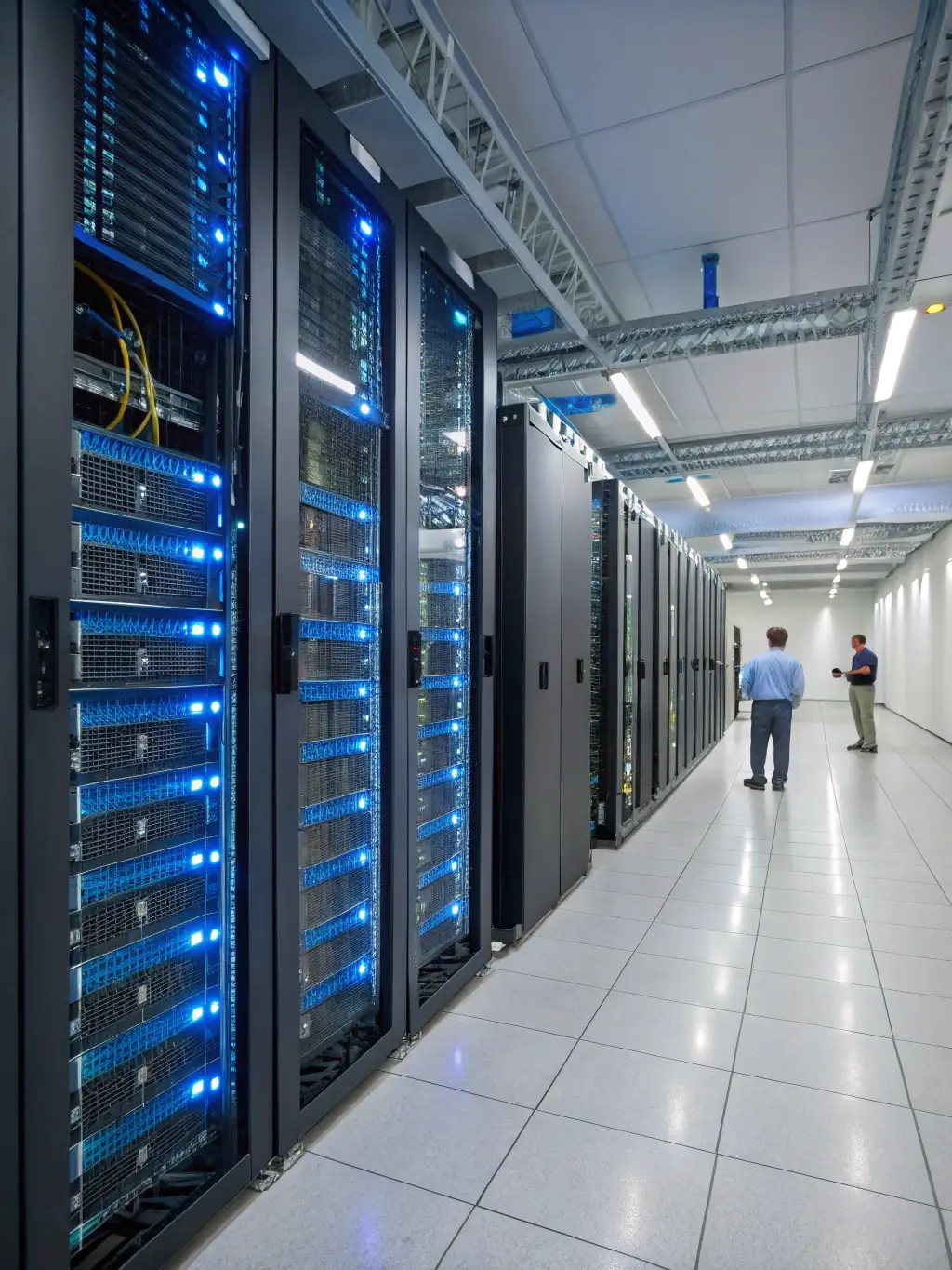A high-resolution photograph depicting a bustling data center, showcasing servers and networking equipment, symbolizing cloud computing environments where TCP M-AT enhances data transfer speeds and reliability.