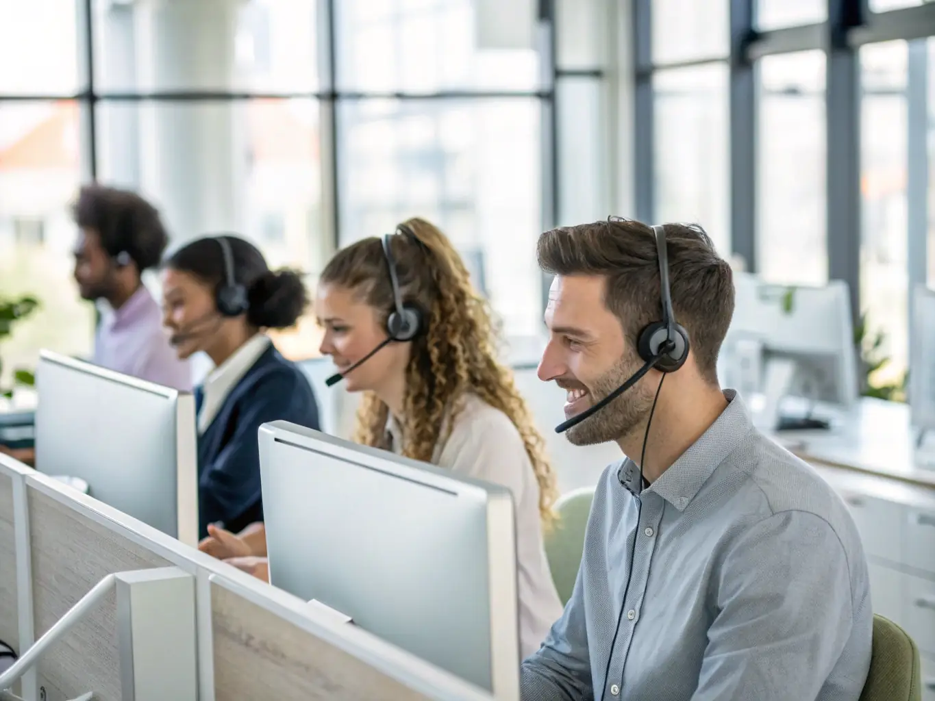 A professional image depicting a busy call center environment in Doha, Qatar, with diverse agents assisting customers, symbolizing the challenge of managing high volumes of customer inquiries.